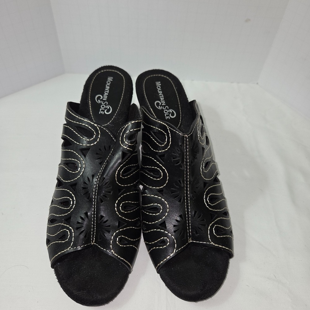 Mountain Sole‎ Shoes Womens Size 8 Black Slip On Heeled Sandals Wedge Heel